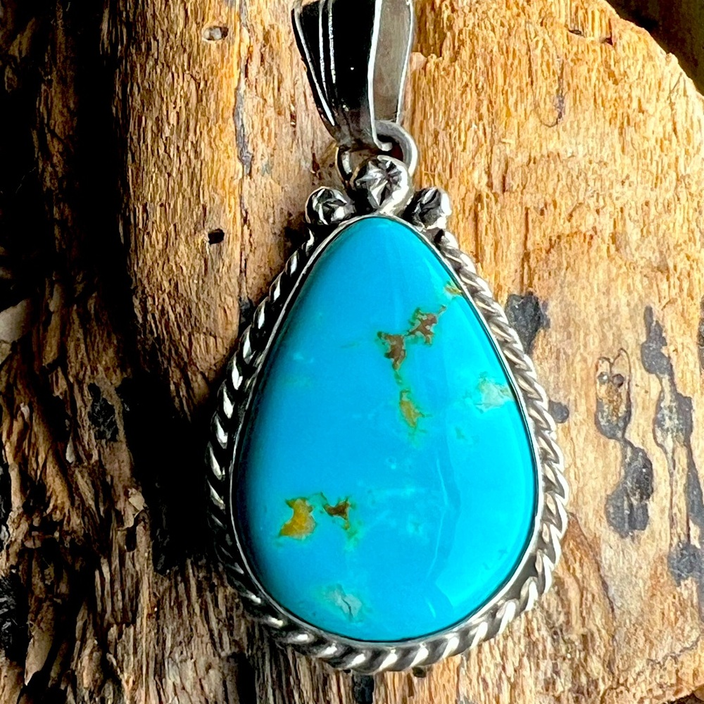 Native American Made, Genuine Sterling Silver Turquoise Pendant, Stamped A